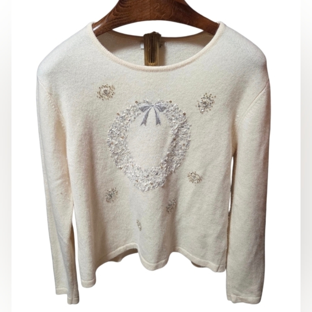 Orvis Lambswool & Angora Cream Christmas Holiday Wreath Sweater Size XL